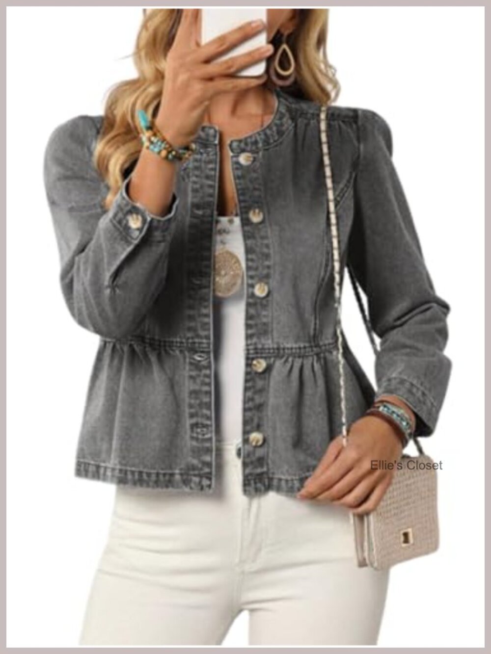 Peplum Denim Jacket Women Button Down Cropped Ruffle Hem Long Sleeve Jean
